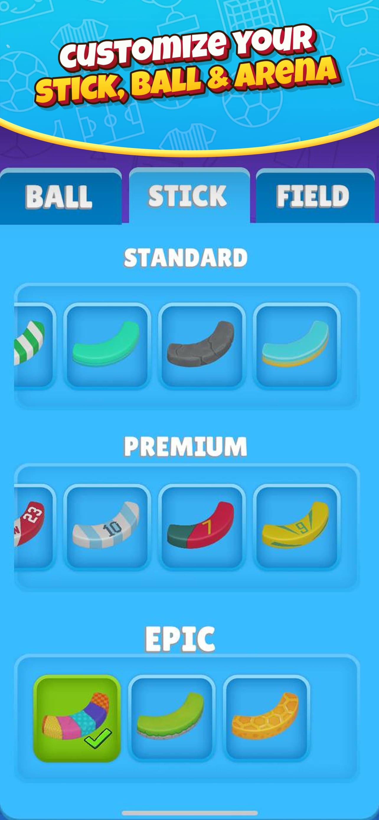 Çubuğunu, topunu ve arenanı kişiselleştir: standart, premium ve epik çubuklar