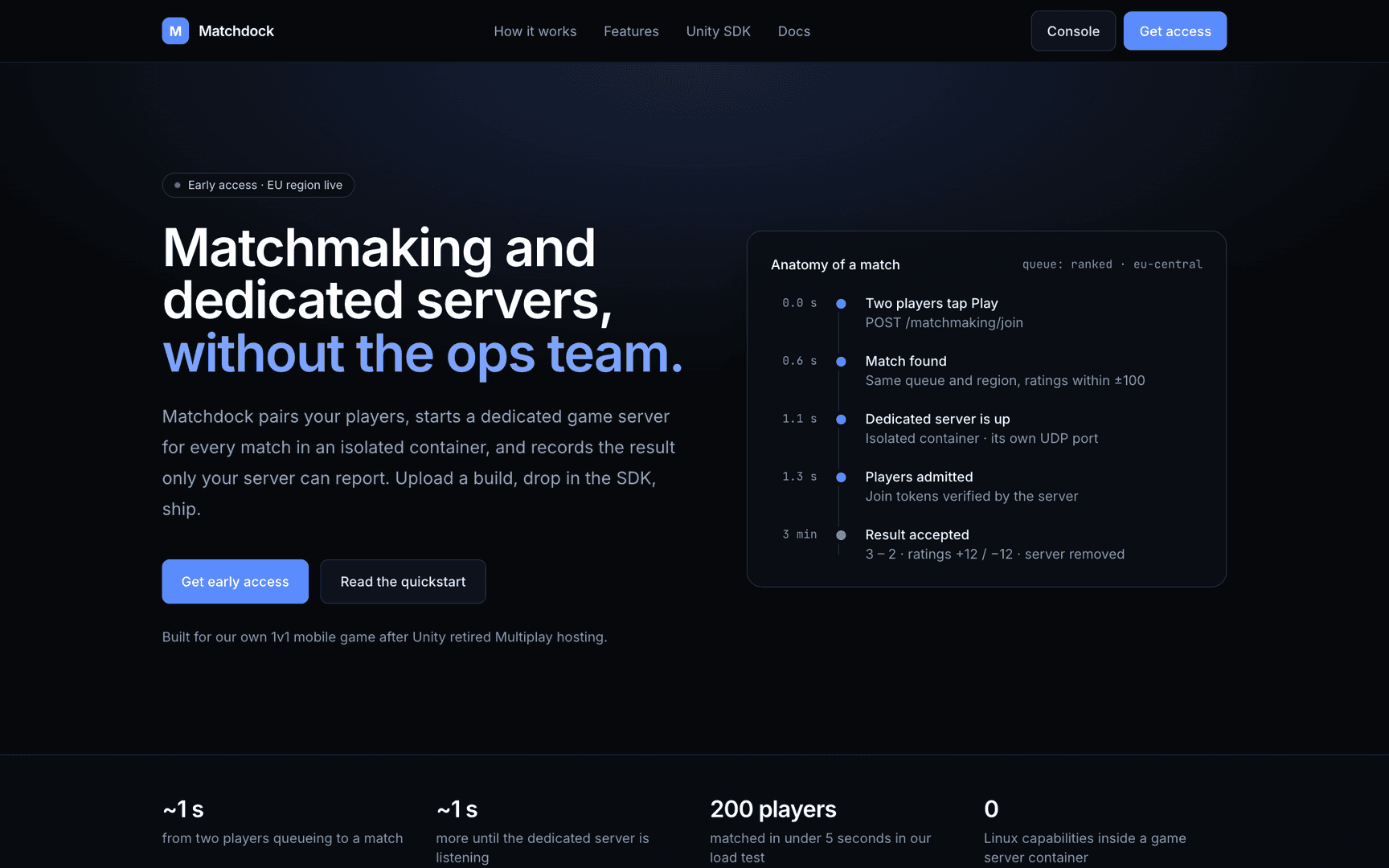 Kuyruktan kabul edilen sonuca dereceli bir maçı gösteren matchdock.io açılış sayfası