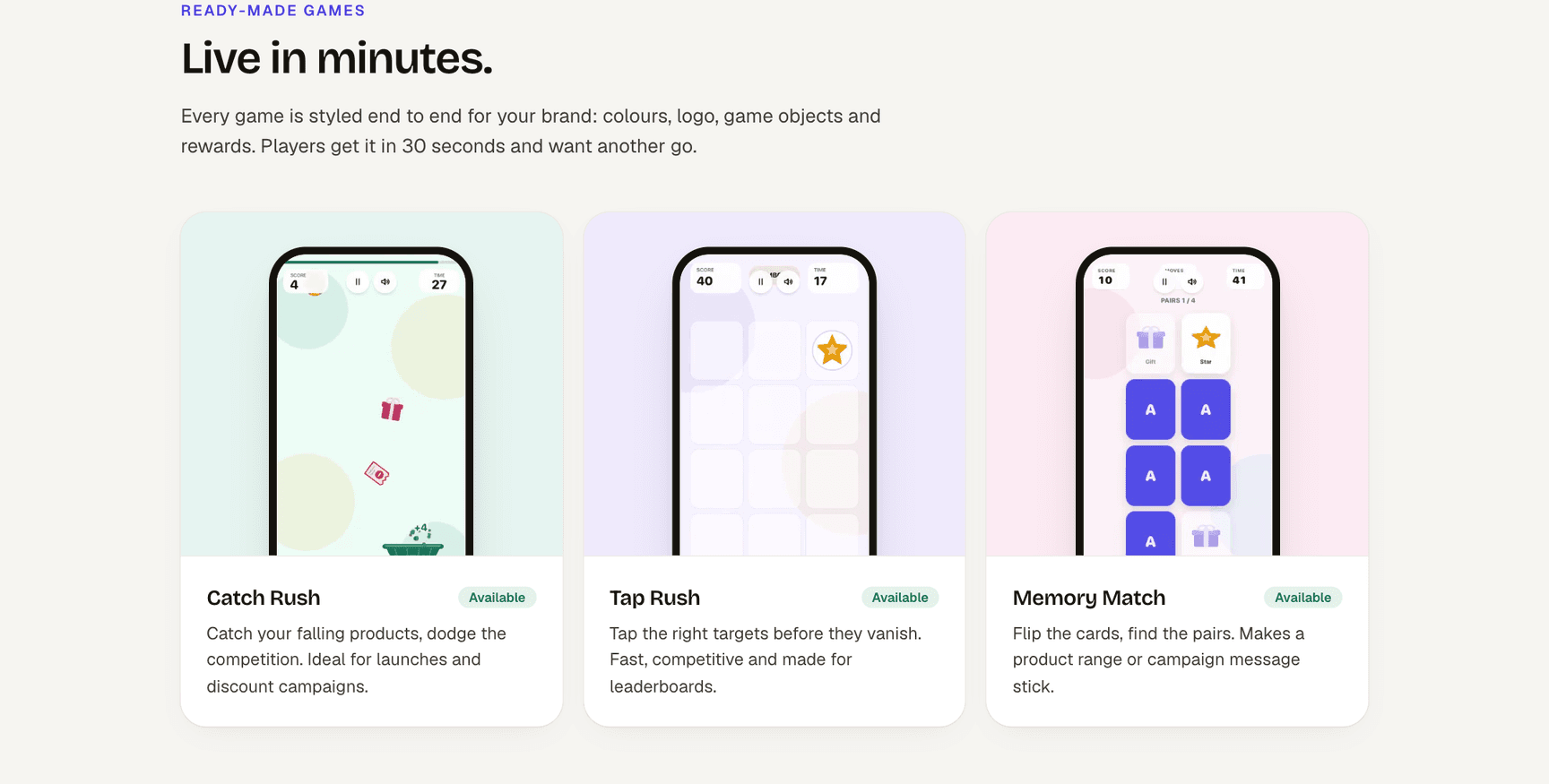 Nimblefun'ın üç hazır oyunu: Catch Rush, Tap Rush ve Memory Match