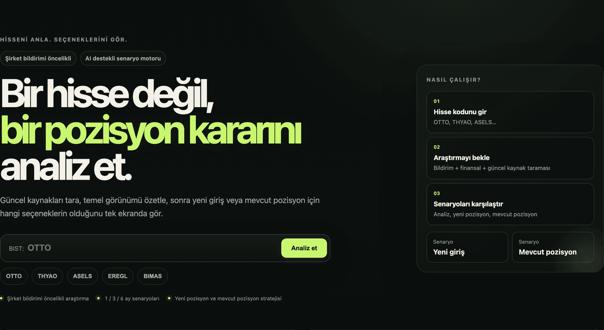 Pozisyon nasıl çalışır: sembolü gir, araştırmayı bekle, senaryoları karşılaştır