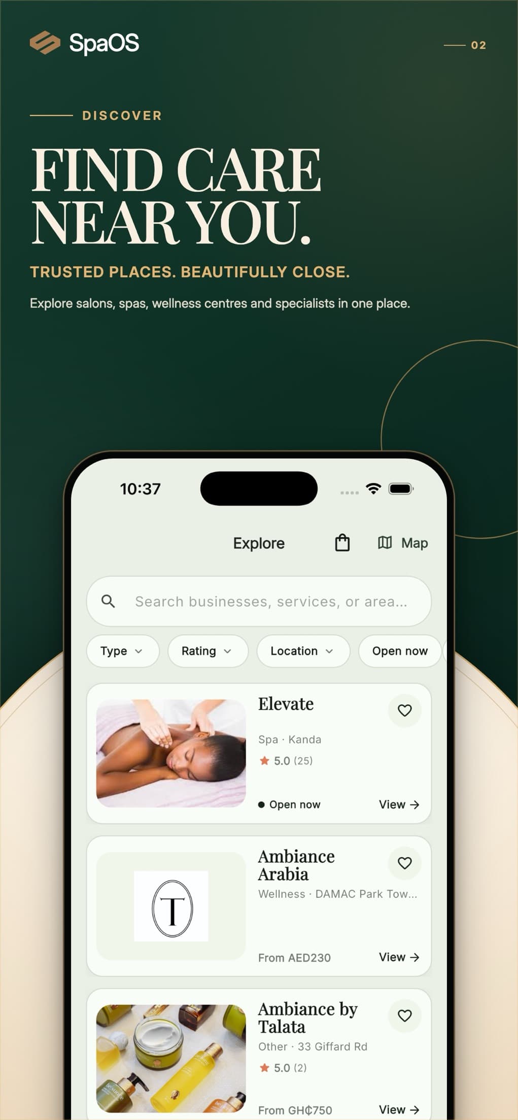 SpaOS tüketici uygulaması: tür, puan ve konum filtreleriyle salon ve spa keşfi
