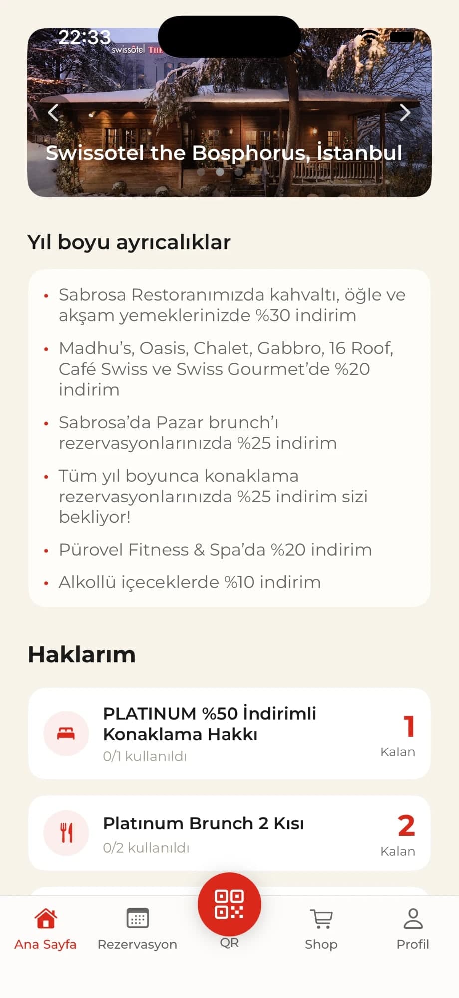 Yıl boyu ayrıcalıklar ve üyenin hakları: indirimli konaklama ve iki kişilik brunch gibi