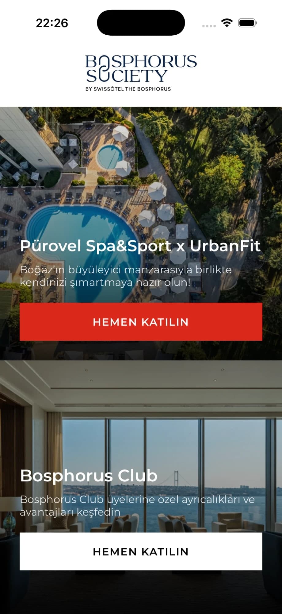 Bosphorus Society karşılama ekranı: Pürovel Spa & Sport x UrbanFit ve Bosphorus Club