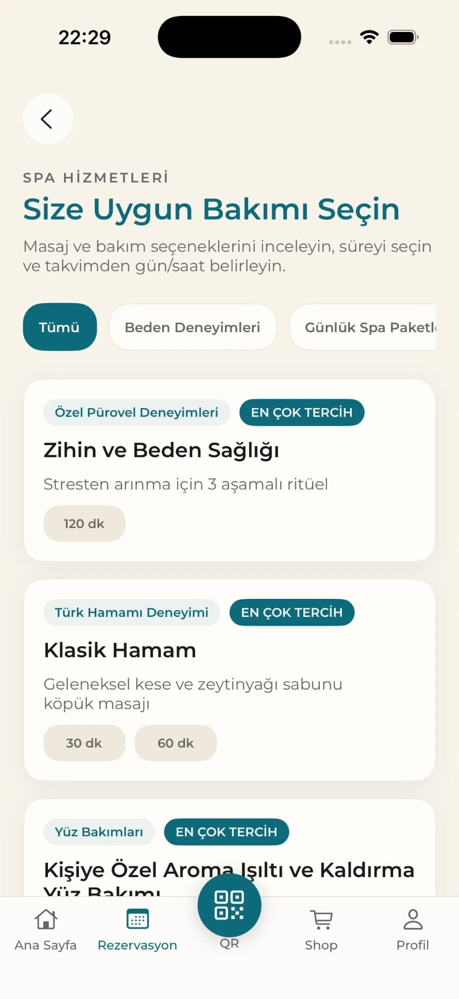Kategorileri ve süreleriyle spa hizmetleri